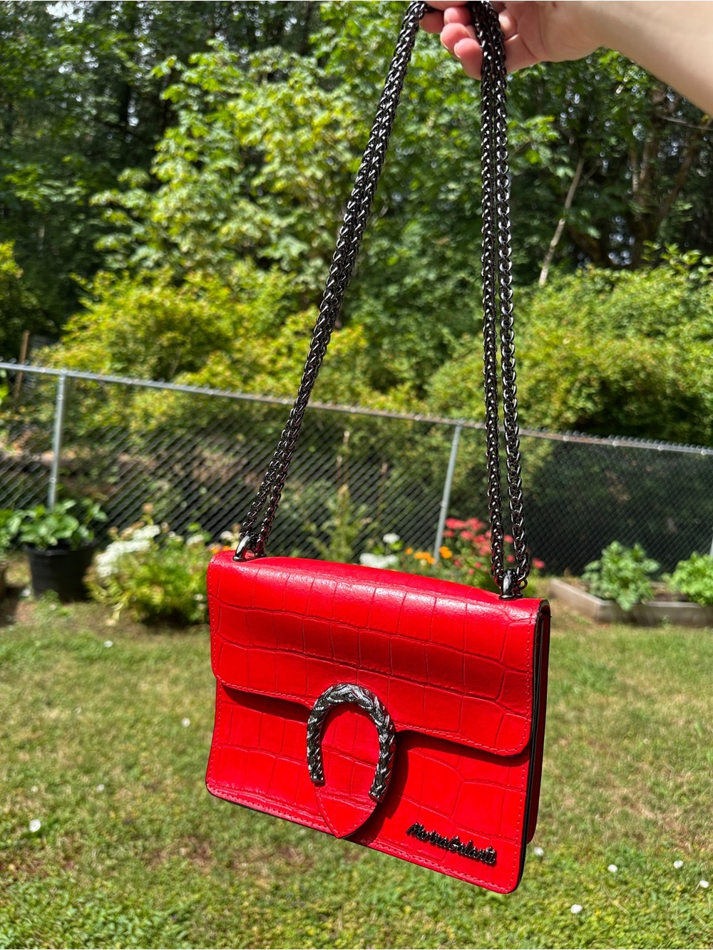 Marina Galanti Red Croc Embossed Convertible Chain Crossbody Bag